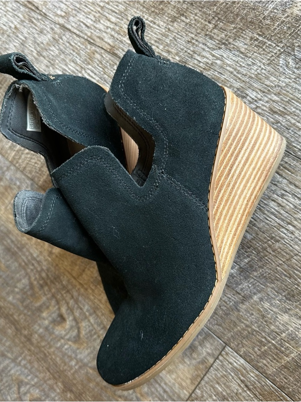 Toms Black Suede Wedge Ankle Booties with Stacked Heel